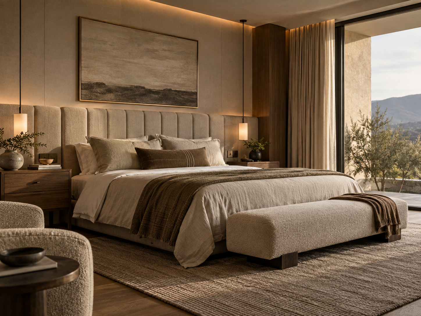 Warm modern bedroom interior concept